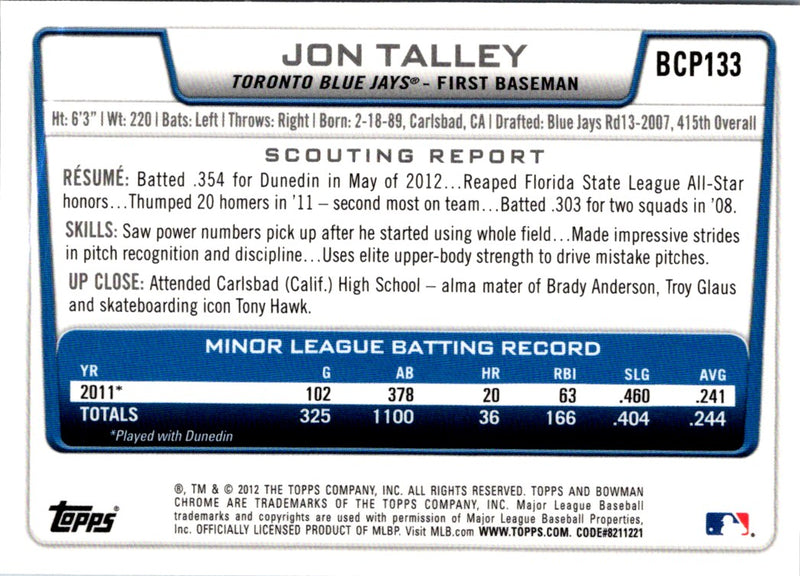 2012 Bowman Chrome Prospects Jon Talley