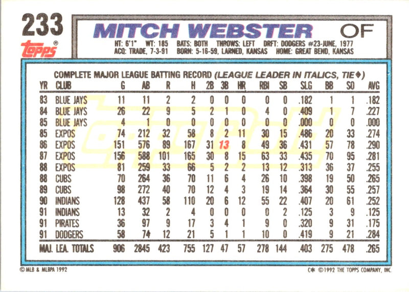 1992 Topps Mitch Webster