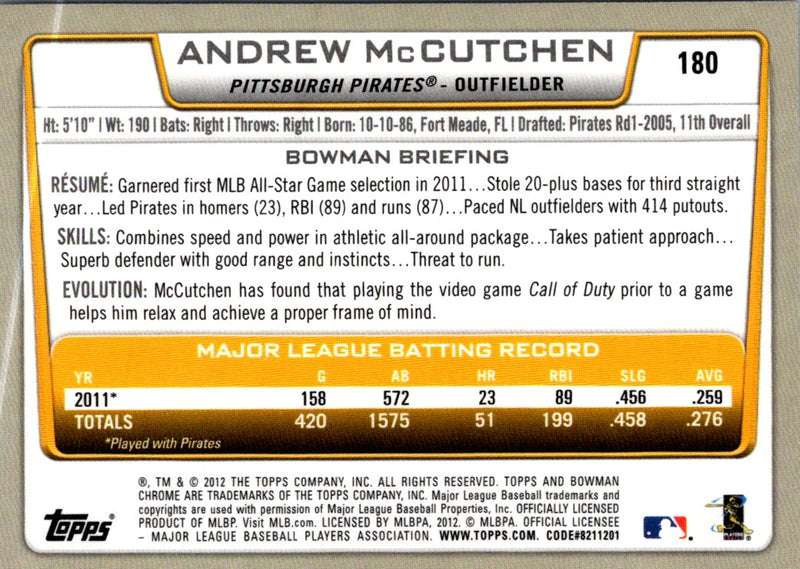 2012 Bowman Chrome Andrew McCutchen