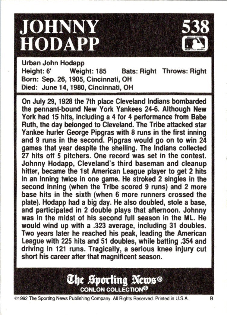 1992 Conlon Collection TSN Johnny Hodapp