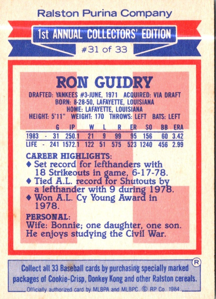 1984 Topps Ralston Purina Ron Guidry