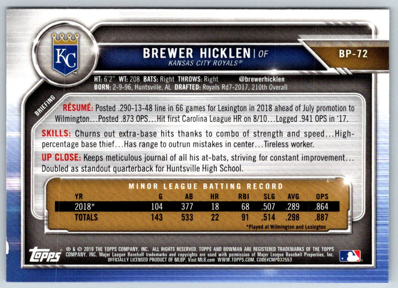 2019 Bowman Prospects Brewer Hicklen