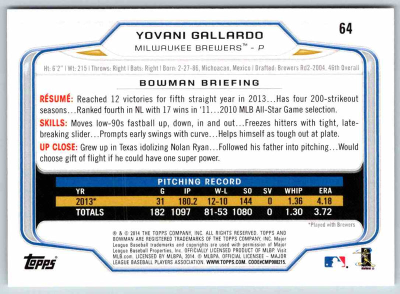 2014 Bowman Yovani Gallardo