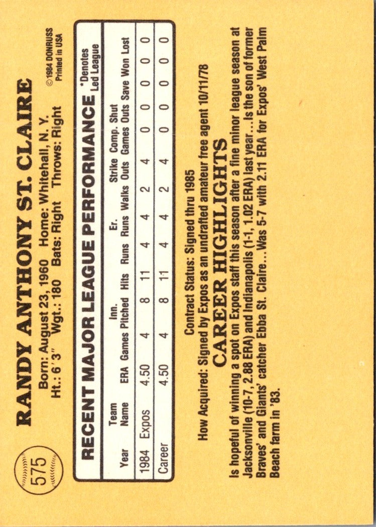 1985 Donruss Randy St. Claire