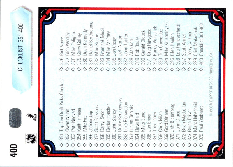 1990 Upper Deck Checklist: 301-400