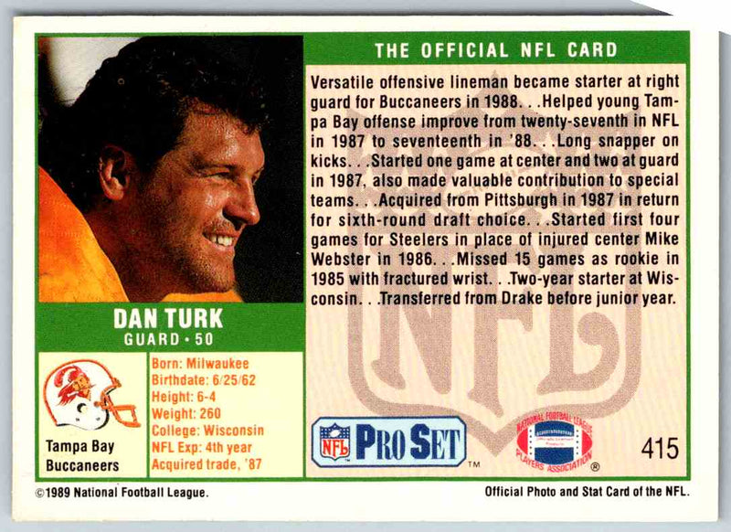 1989 NFL Proset Dan Turk