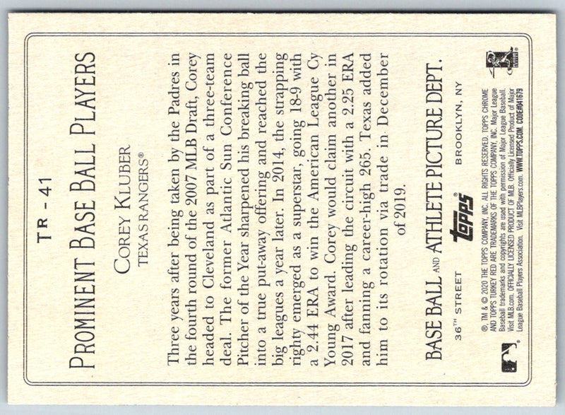 2020 Topps Update Turkey Red 2020 Corey Kluber