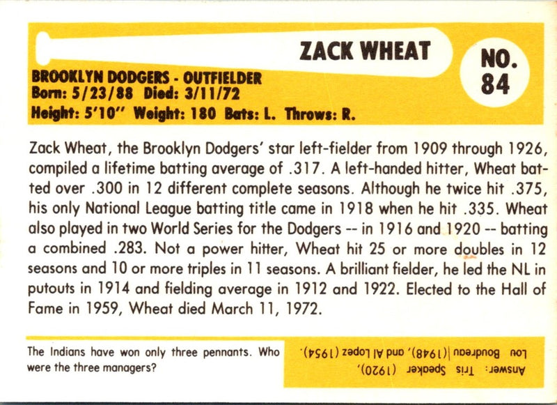 1980 SSPC HOF Zack Wheat