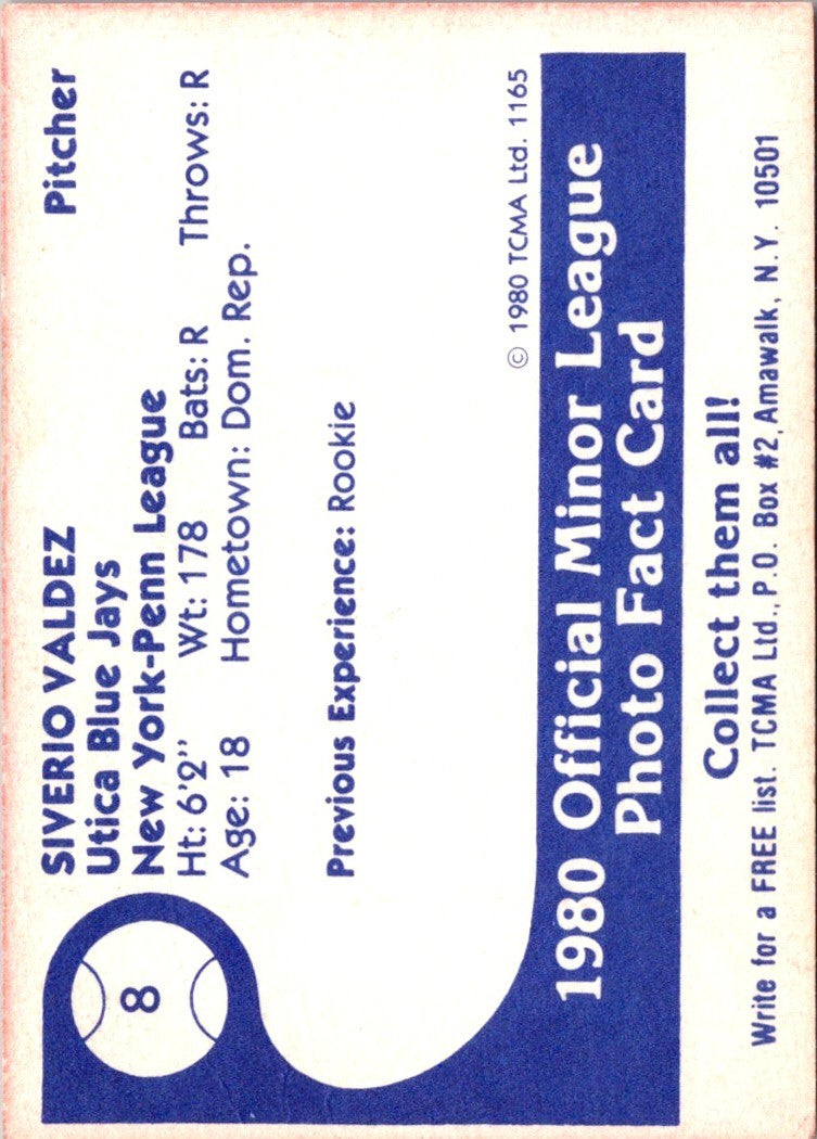 1980 TCMA Utica Blue Jays Sylverio Valdez