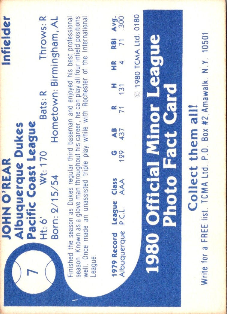 1980 TCMA Albuquerque Dukes John O'Rear