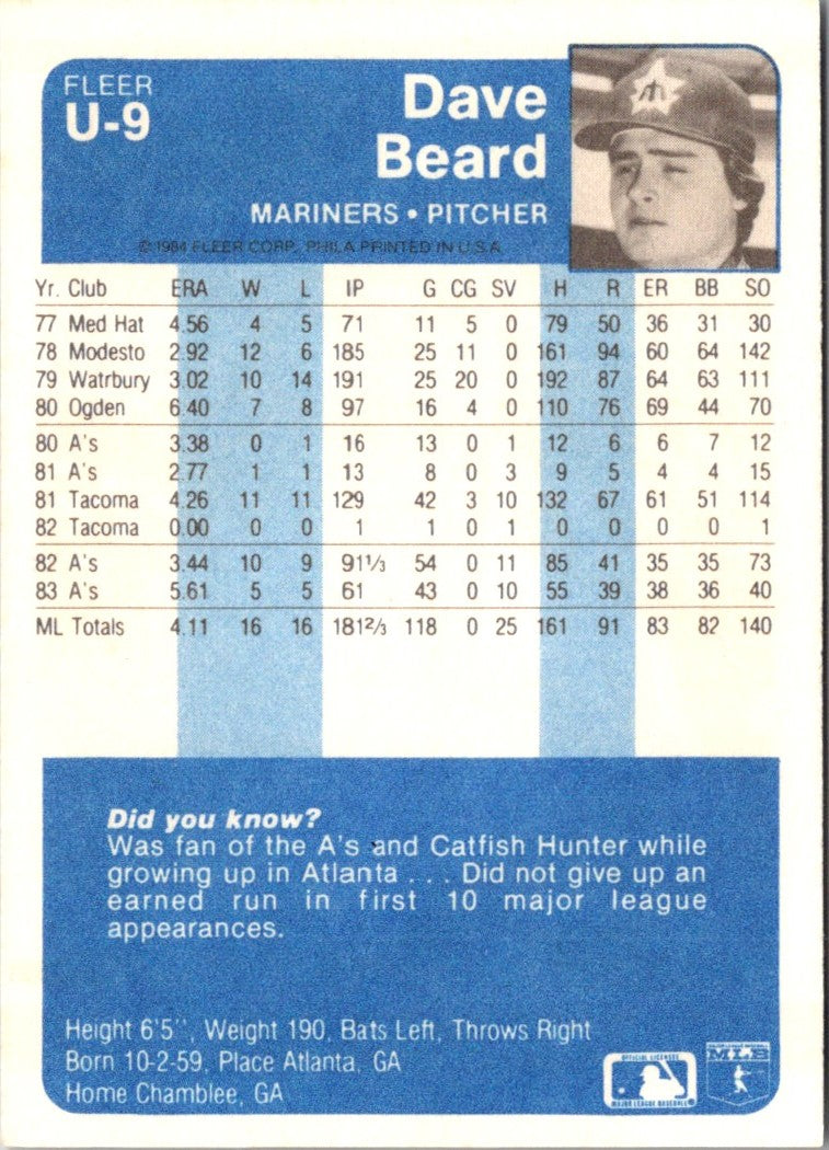 1984 Fleer Update Dave Beard