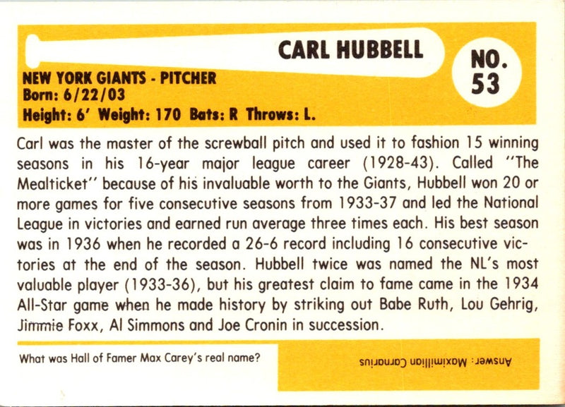 1980 SSPC HOF Carl Hubbell