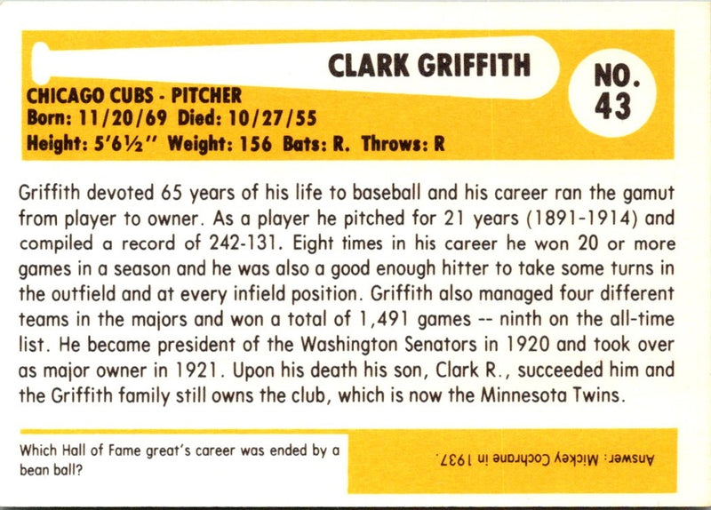 1980 SSPC HOF Clark Griffith