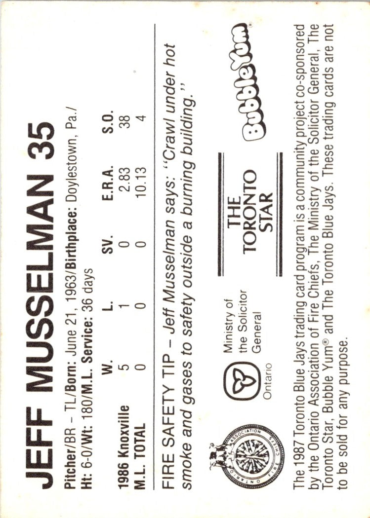 1987 Toronto Blue Jays Fire Safety Jeff Musselman