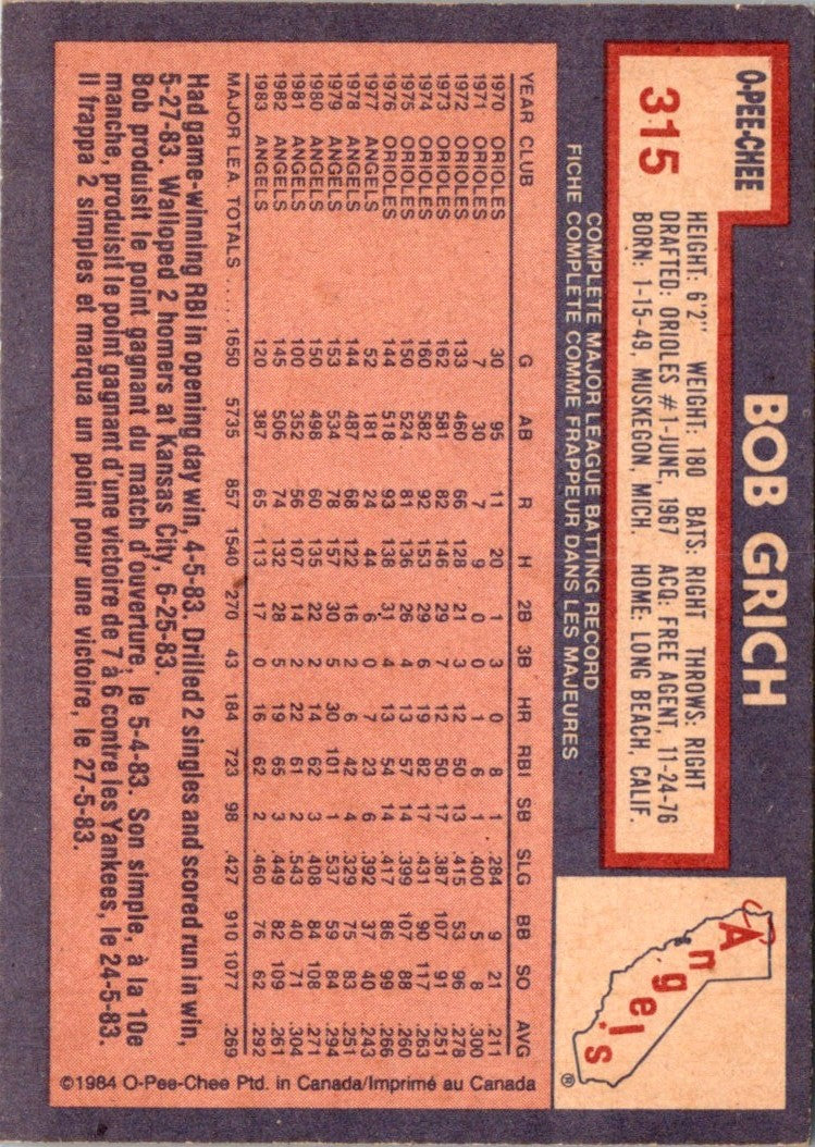 1984 O-Pee-Chee Bob Grich