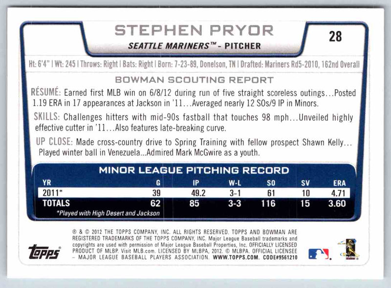 2012 Bowman Stephen Pryor