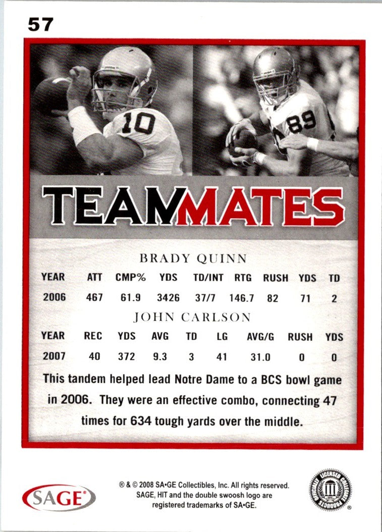 2008 SAGE HIT Brady Quinn/John Carlson