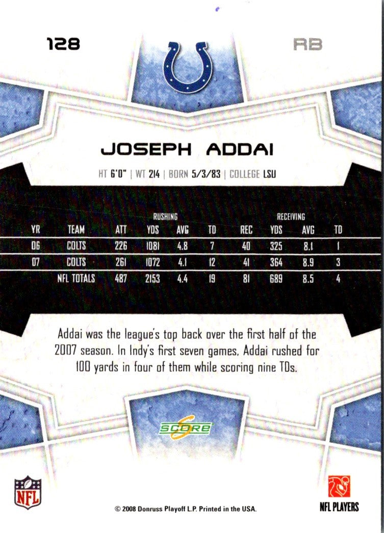 2008 Score Super Bowl XLIII Joseph Addai