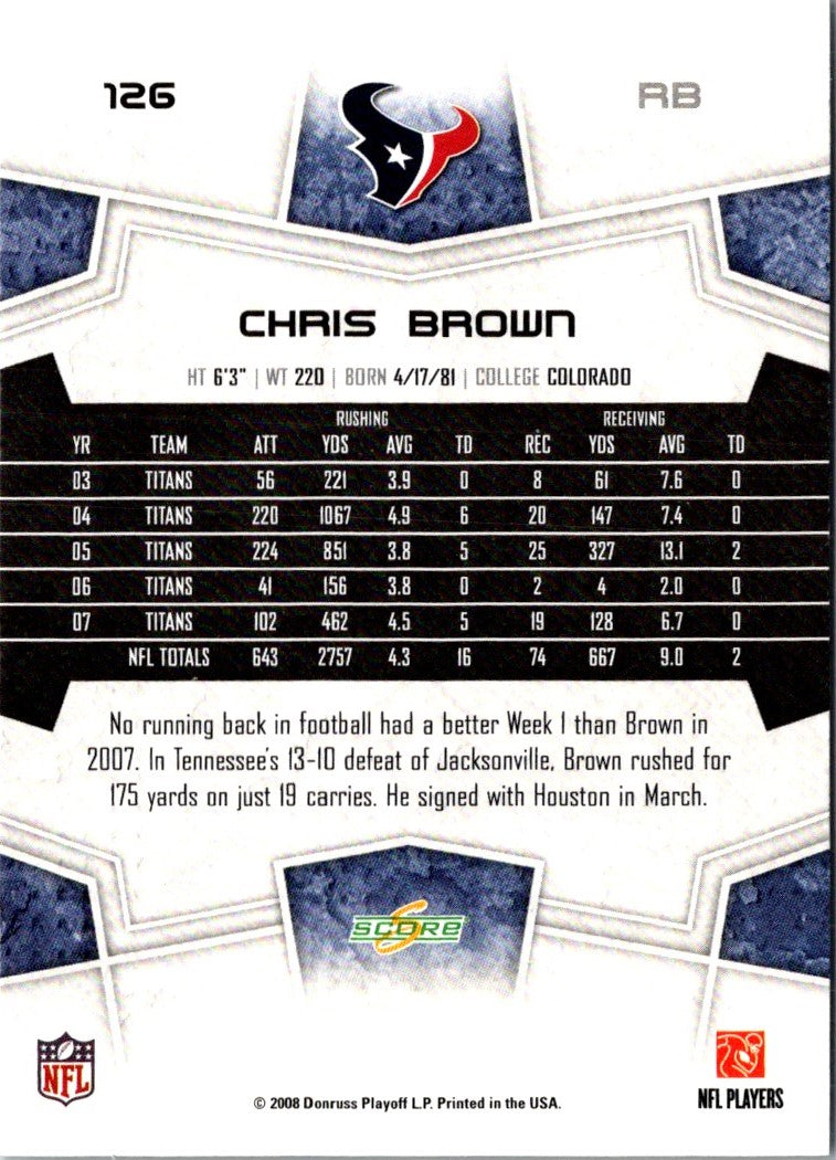 2008 Score Super Bowl XLIII Chris Brown