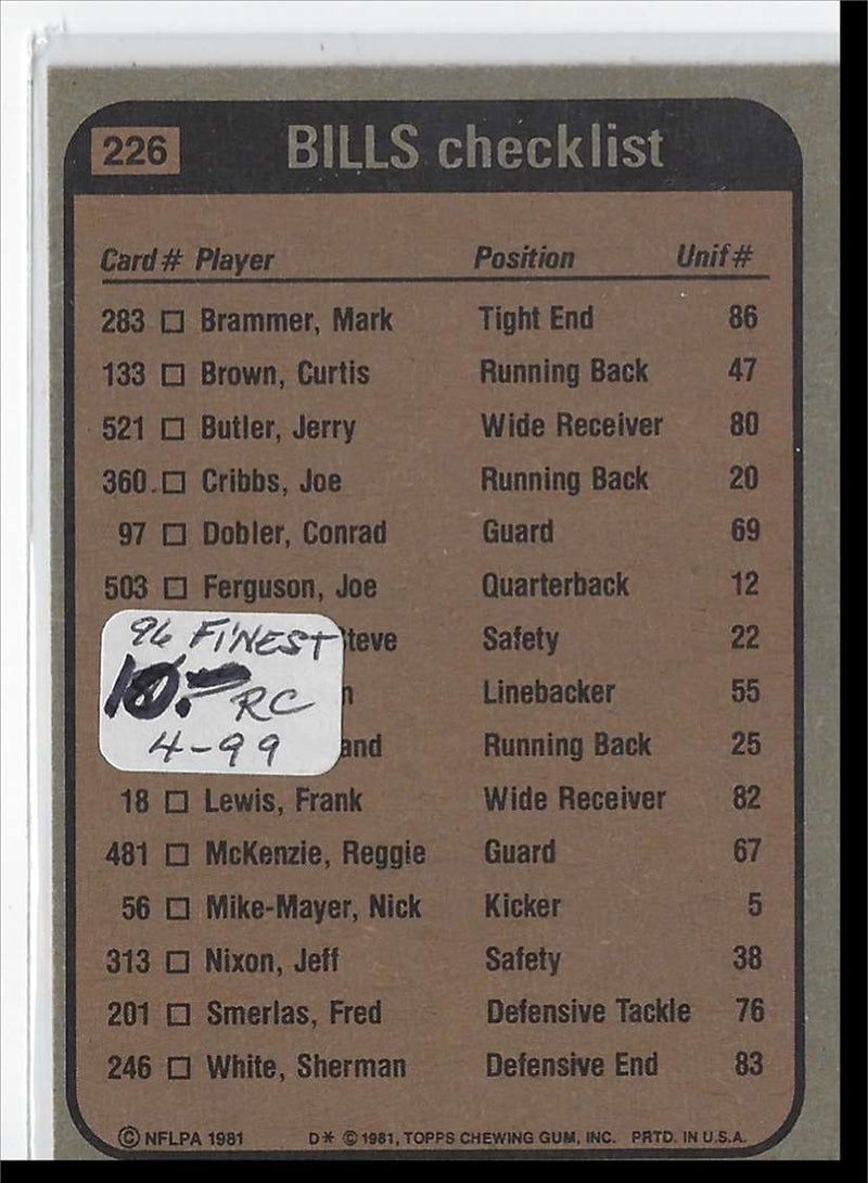 1981 Topps Joe Cribbs/Jerry Butler/Steve Freeman/Ben Williams
