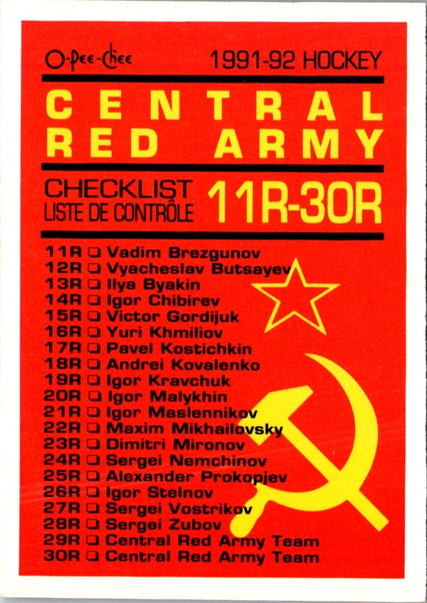 1991 O-Pee-Chee Central Red Army Russian Checklist #66R