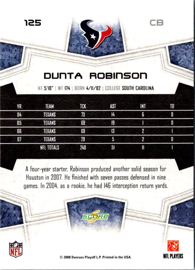 2008 Score Super Bowl XLIII Dunta Robinson