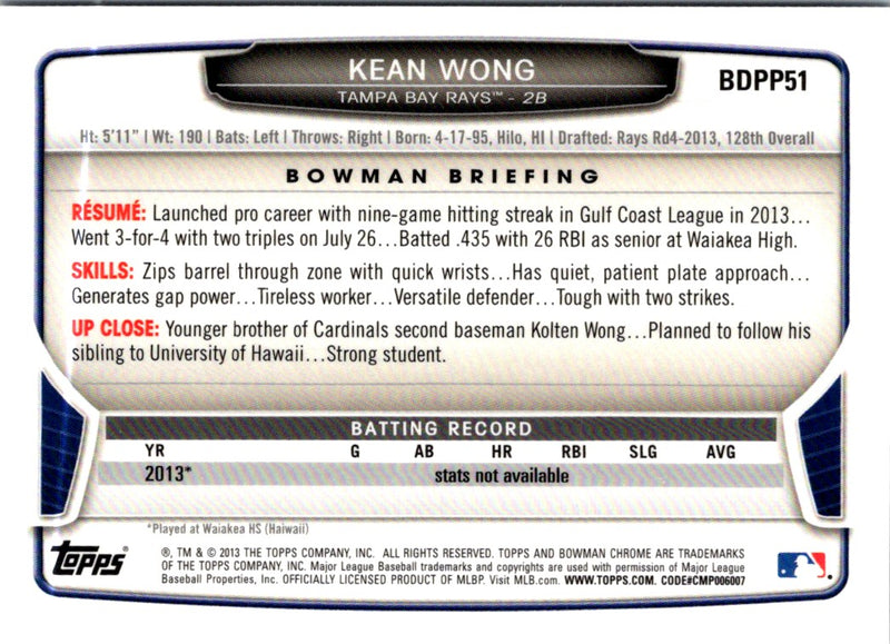 2013 Bowman Draft Picks & Prospects Chrome Kean Wong