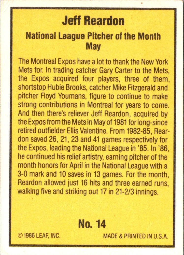 1986 Donruss Highlights Jeff Reardon