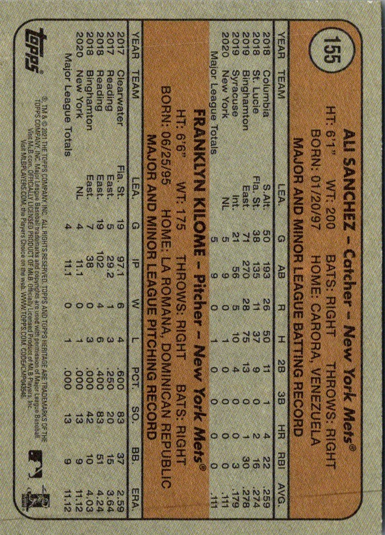 2021 Topps Heritage 2021 Rookie Stars - Mets - Ali Sanchez/Franklyn Kilome RC