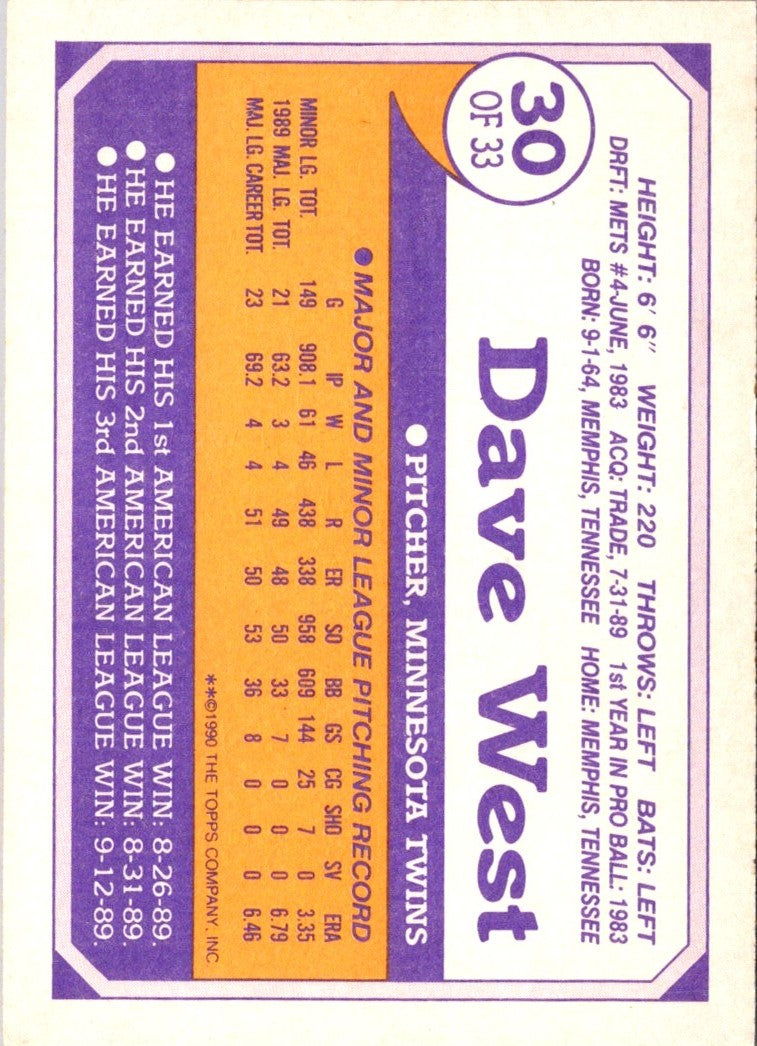 1990 Topps Toys'R'Us Rookies Dave West