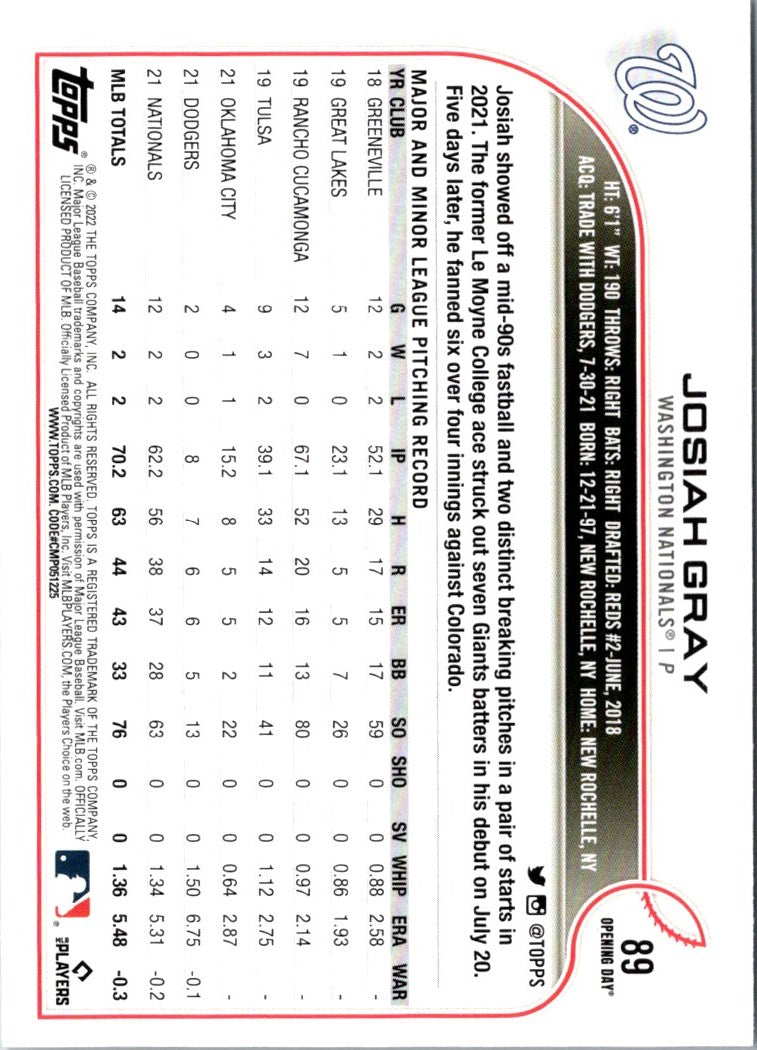 2022 Topps Opening Day Josiah Gray