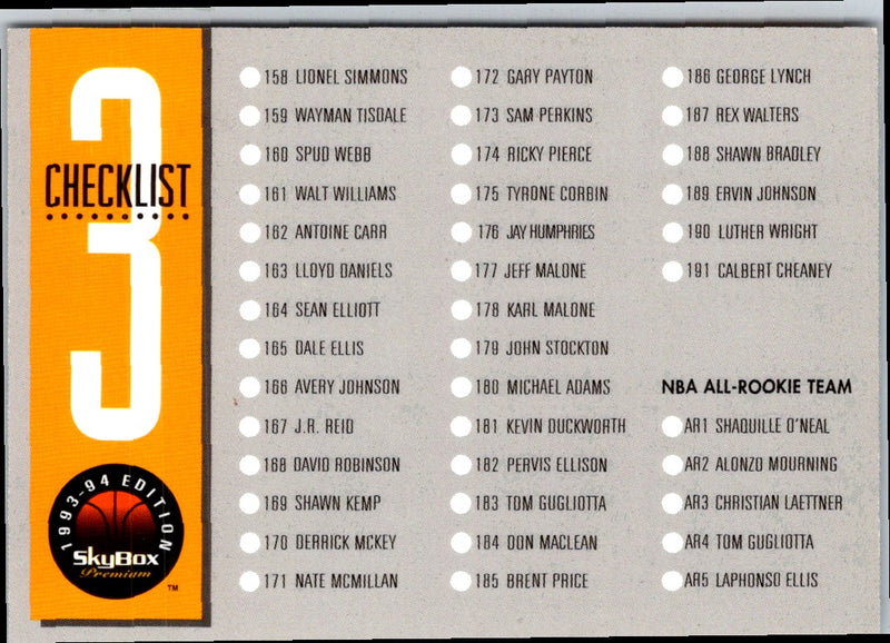 1993 SkyBox Checklist 3: 158-191 and Inserts