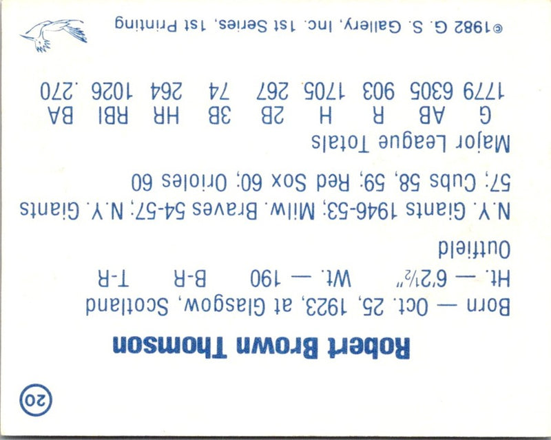 1982 G.S. Gallery All-Time Greats Bobby Thomson