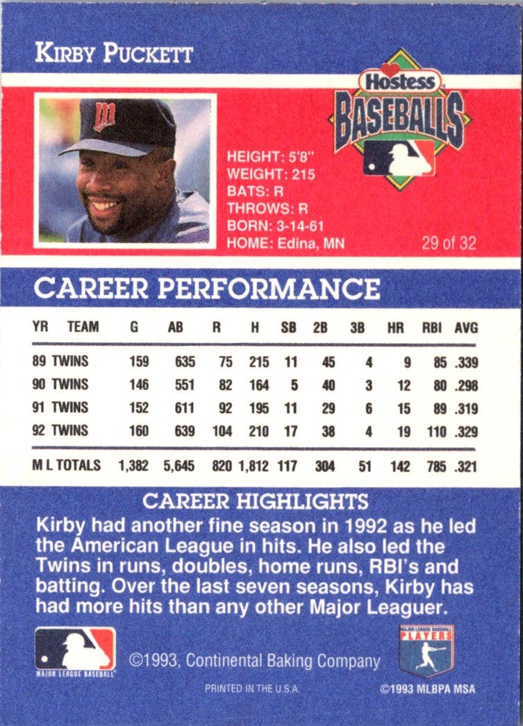 1993 Hostess Kirby Puckett