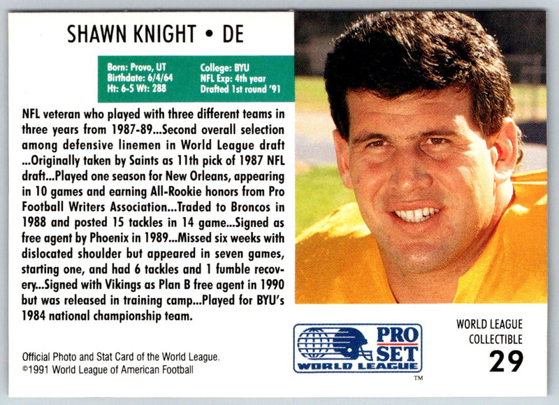 1991 Pro Set WLAF Inserts Shawn Knight