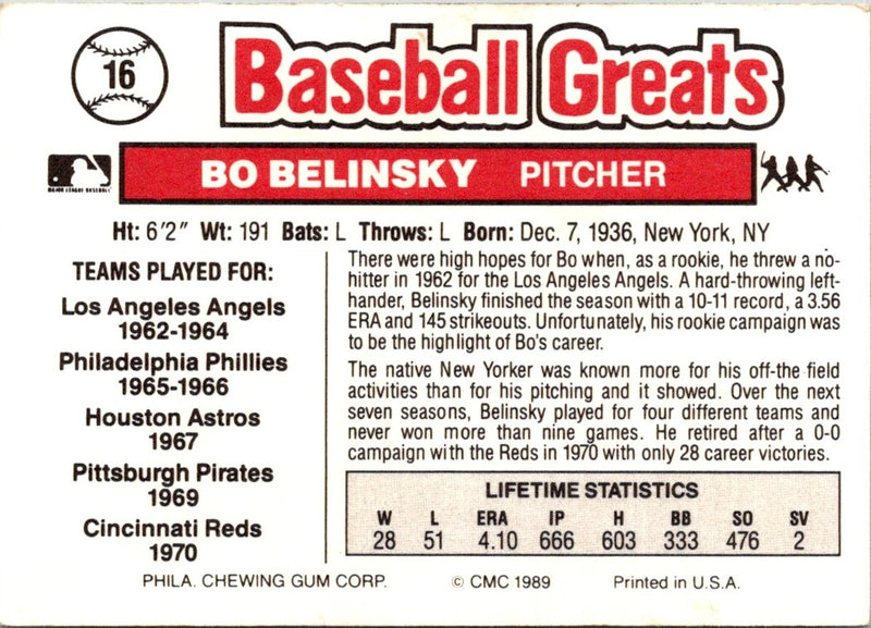 1989 Swell Baseball Greats Bo Belinsky