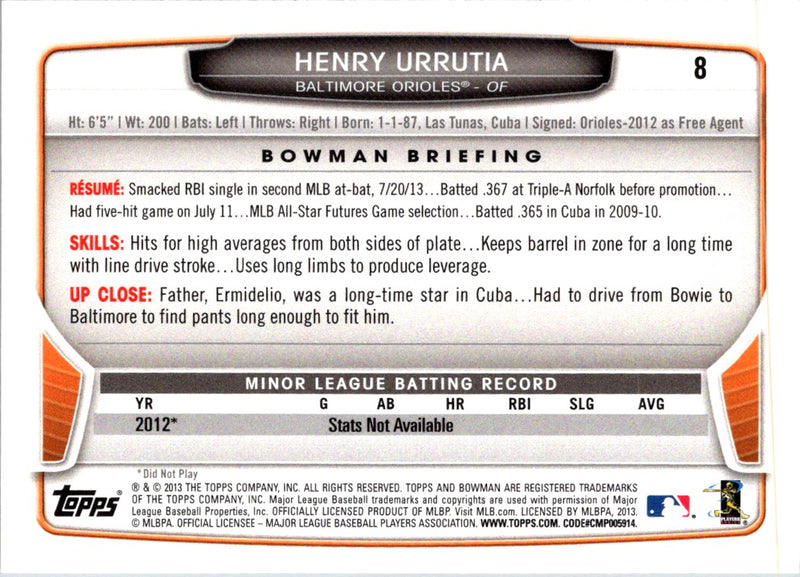 2013 Bowman Draft Picks & Prospects Henry Urrutia