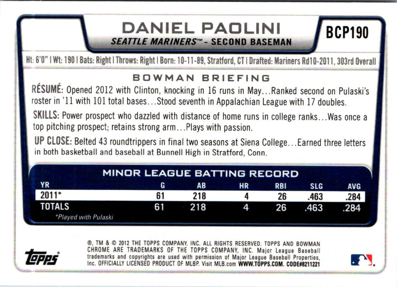 2012 Bowman Chrome Prospects Daniel Paolini