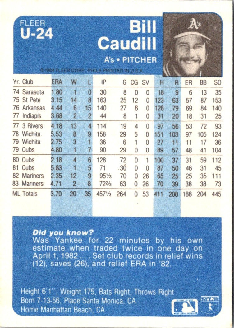 1984 Fleer Update Bill Caudill