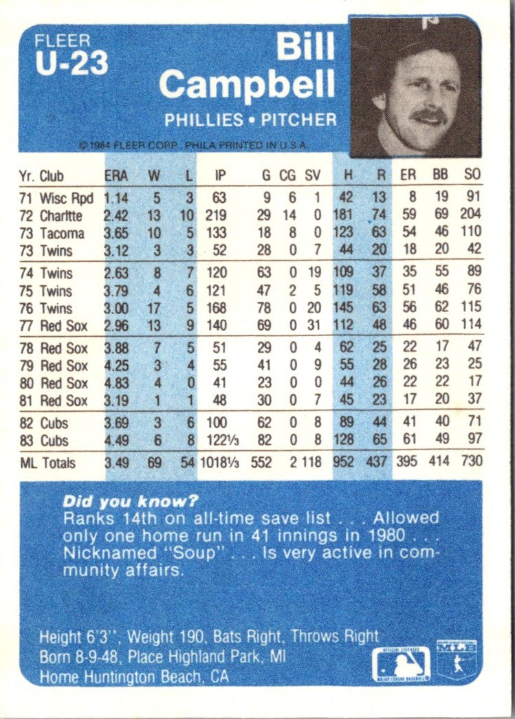 1984 Fleer Update Bill Campbell