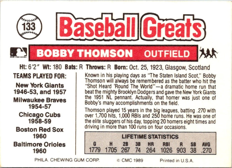 1989 Swell Baseball Greats Bobby Thomson