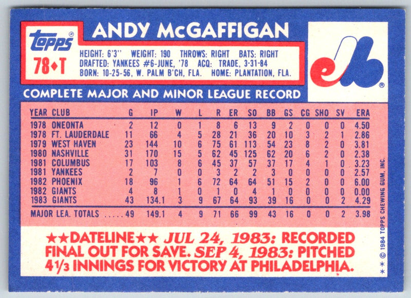 1984 Topps Traded Andy McGaffigan