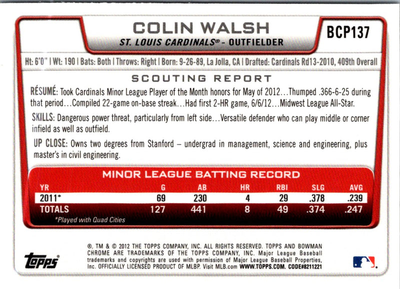 2012 Bowman Chrome Prospects Colin Walsh