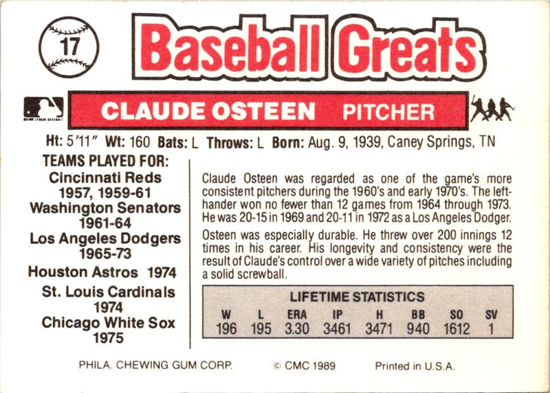 1989 Swell Baseball Greats Claude Osteen