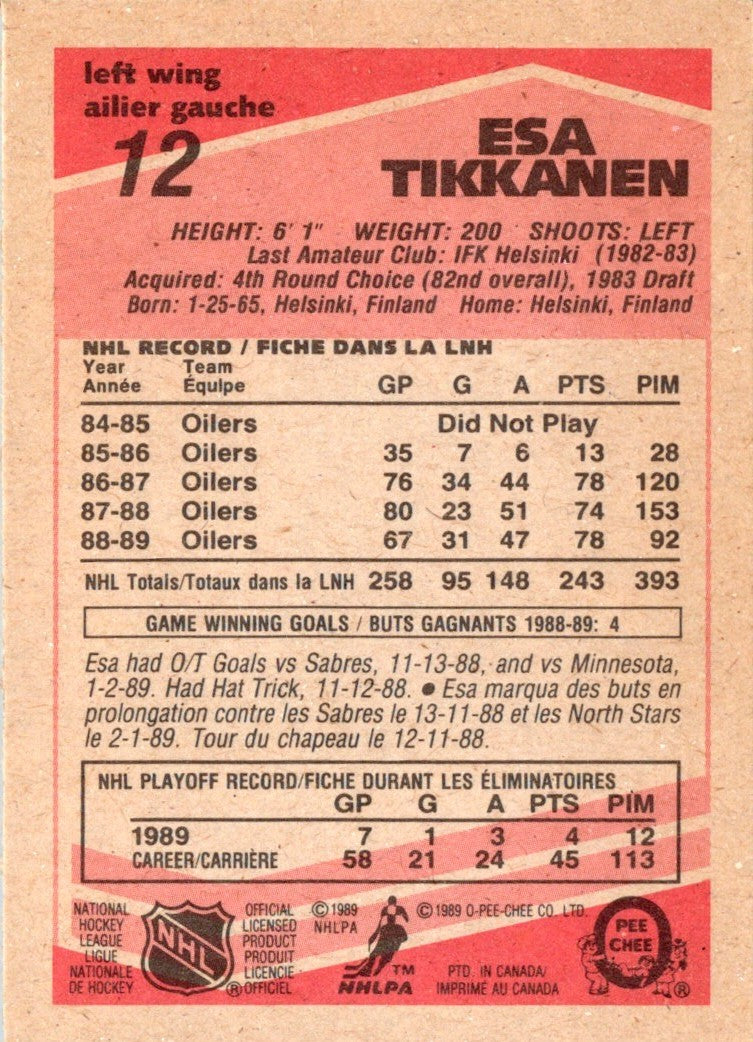 1989 O-Pee-Chee Esa Tikkanen