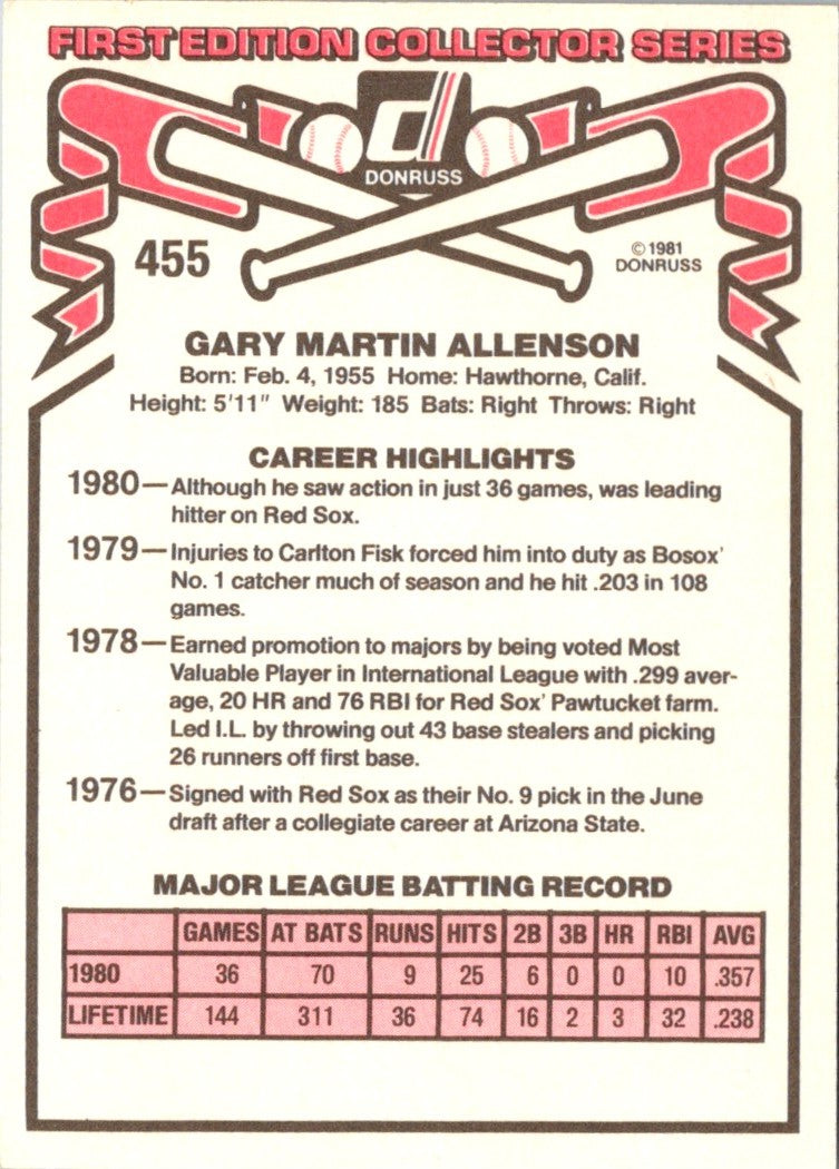 1981 Donruss Gary Allenson