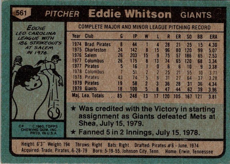 1980 Topps Eddie Whitson