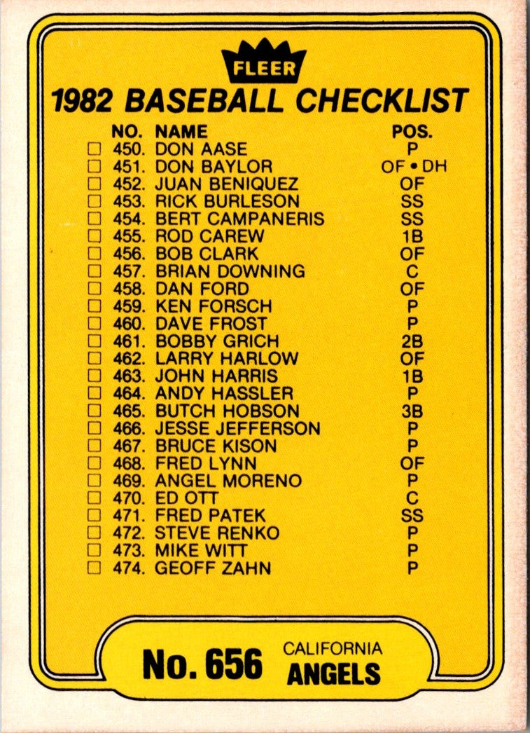 1982 Fleer Checklist: Angels/Pirates