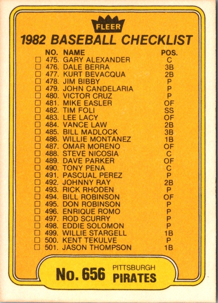 1982 Fleer Checklist: Angels/Pirates