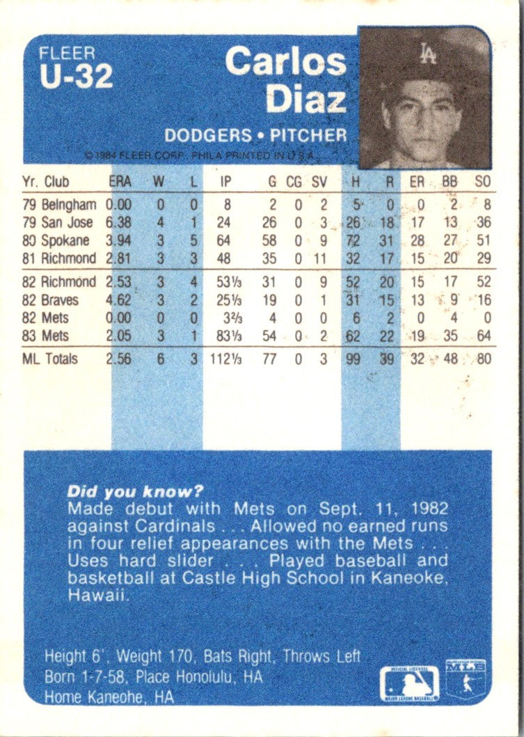 1984 Fleer Update Carlos Diaz
